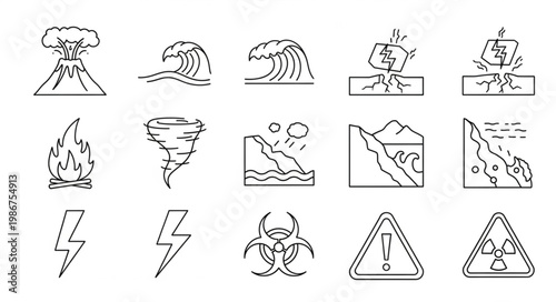 Collection of natural disaster and hazard icons in sketch style.