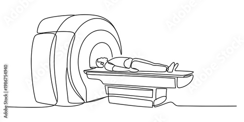 A single continuous line drawing of a patient undergoing a medical mri scan in the hospital room. Vector, illustration