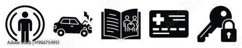 Essential insurance and protection icons covering personal wellbeing, vehicle accidents, family policies, healthcare services, and property security for digital applications