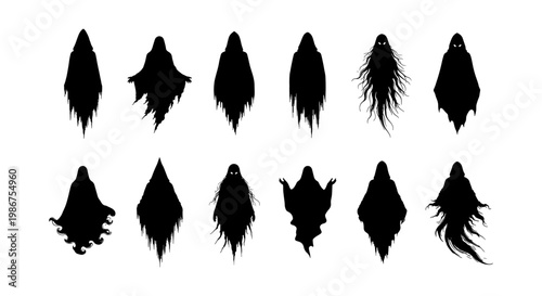 Spooky ghost silhouette collection, 12 creepy phantom vector icons, black haunting spirit shapes for Halloween design, ethereal wraith and spectre set