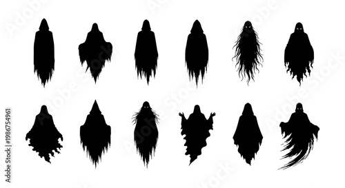 Spooky ghost silhouettes set, 12 black phantom vector icons, creepy halloween spirit characters, dark ethereal wraith shapes for graphic design