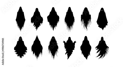 Spooky ghost silhouette collection, 12 creepy phantom icons for Halloween, black spirit and wraith vector set on white background