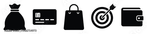 Comprehensive collection of payment and shopping icons representing financial transactions, commercial activities, and business goals for marketing, ecommerce, and personal finance
