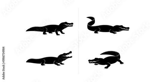 Black crocodile silhouette set, 4 alligator vector icons, predatory reptile profile graphics, wild swamp animal collection for nature logos