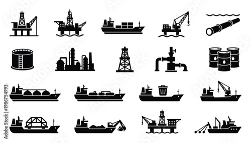 Industrial vector icons illustrating oil and gas sector, including offshore drilling rigs, diverse tankers, storage tanks, pipelines, refinery plants, suitable for energy presentations.