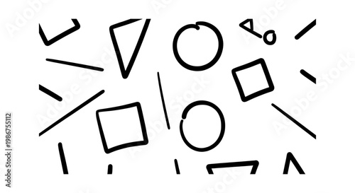 Hand drawn geometric pattern with black ink shapes, minimalist doodle background of circles and squares, abstract sketch vector illustration
