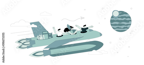 Space shuttle flight. Space tourism. People flying in a spaceship. Space exploration.eps