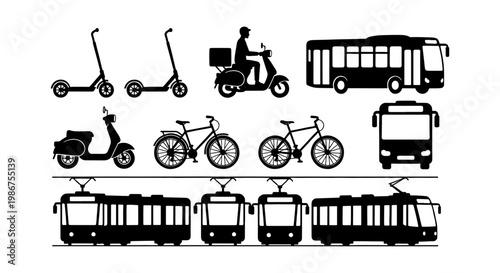 Urban transport silhouette set, city public transportation icons including bus, tram, and bicycle, black vector vehicle collection for mobility design