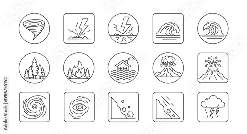 Collection of Natural Disaster Icons - Tornado, Lightning, Tsunami, Volcano, Hurricane, Landslide, and Flood.