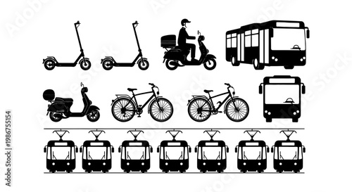 Urban transportation silhouette icons set, city public transit and micro mobility vehicles, black vector bus and bicycle graphics for logistics