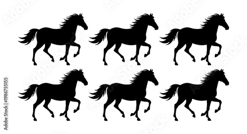 Black horse silhouette set, collection of 6 stallion vector icons, galloping mustang animal shapes for equestrian logos and ranch branding