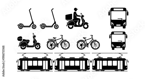 Urban transportation icons set, black silhouette city vehicles and public transit symbols, electric scooter and bicycle vector elements