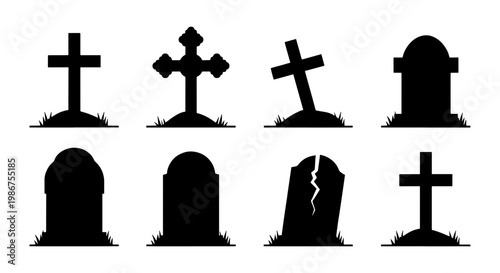 Spooky graveyard headstone silhouettes, set of 8 tombstone icons with crosses and cracked stone, black cemetery grave markers for Halloween design