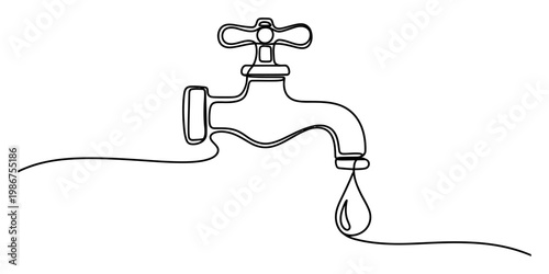 A single continuous line drawing of a simple metal water faucet dripping a single drop of water Vector, illustration