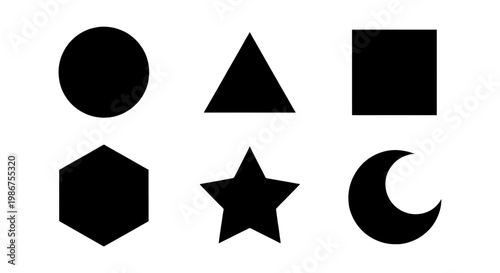 Minimalist geometric shapes set, black silhouette icons of circle triangle square hexagon star and moon, basic vector elements for graphic design