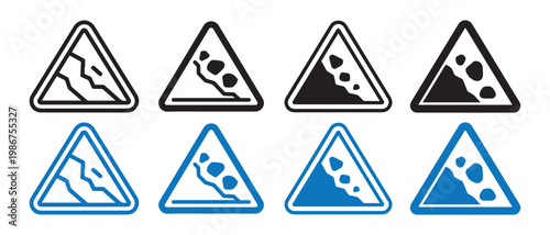 Collection of Landslide Warning Signs, Rockfall Hazard Symbols and Avalanche Alert Icons.