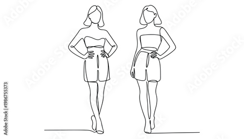 One continuous line illustration of an Girl  Fashion, isolated on white background.
