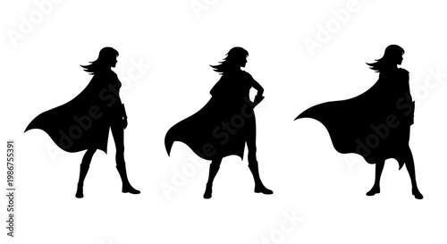 Superhero woman silhouette set, female hero with flowing cape in different poses, black vector icons of powerful lady standing confident
