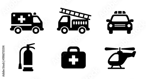 Emergency services icon set, black silhouette 6 icons of ambulance and fire truck, police car and medical kit symbols, rescue helicopter and fire extinguisher