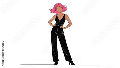 One continuous line illustration of an Girl  Fashion, isolated on white background.