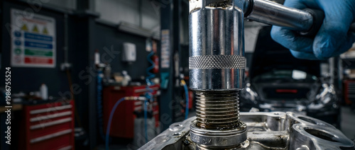 Torque wrench tightening car engine bolt in professional auto repair workshop. Close-up of mechanic hand using metallic tool for vehicle maintenance, repair service, engineering, and industrial precis