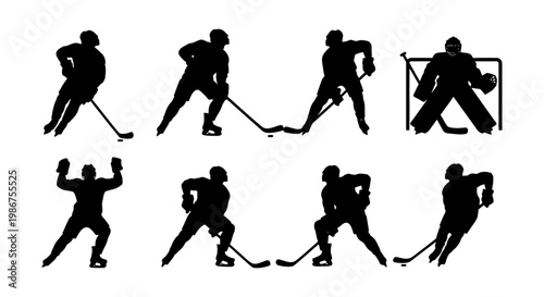 Ice hockey player silhouettes set, professional athletes in action poses, black vector hockey goalie and skaters collection for sports design