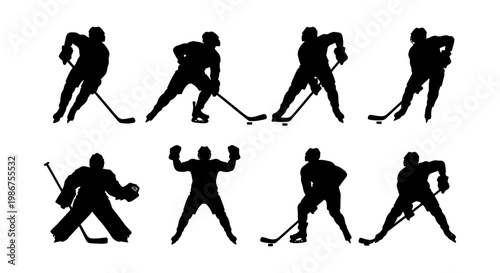 Ice hockey player silhouettes set, professional athlete action poses in black vector, goalie and skater figures for sports competition graphics