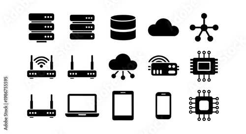 Network infrastructure icons set, 15 black vector symbols for data center and cloud computing, server hardware and wireless router silhouettes