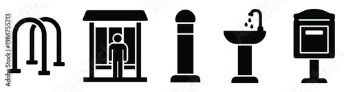 Urban furniture and public amenities icon set illustrating essential street elements for city planning, navigation systems, and community service representations