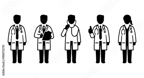 Medical doctor icons set, professional healthcare workers in white coats with stethoscopes, black and white physician silhouettes for hospital infographics
