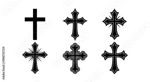 Gothic Christian cross icons set, 6 black religious crucifix vector elements, ornate gothic cross silhouettes for tattoo design and church branding