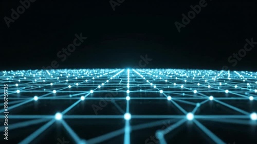 Abstract glowing blue digital network grid with interconnected nodes on a dark background representing data