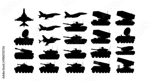 Cuadro en lienzo Military vehicle silhouettes set, 20 black icons of tanks and fighter jets