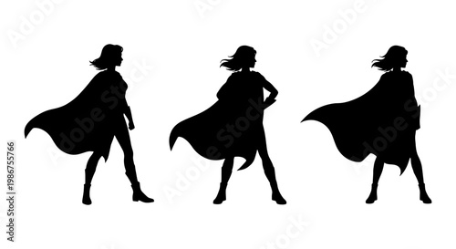Superhero woman silhouette set, powerful female hero in cape standing in different poses, black vector silhouettes of strong women leaders