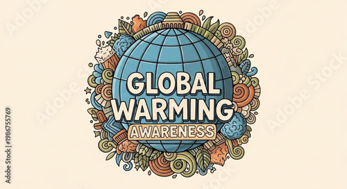 Global Warming Awareness Illustration with Earth and Floral Elements.