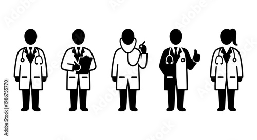 Medical doctor icons set, healthcare professional silhouettes with stethoscopes, black and white physician vector collection for hospital infographics