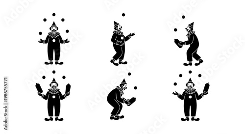 Vintage circus clown juggling set, black and white harlequin performer vector icons, retro carnival entertainer silhouettes in various poses