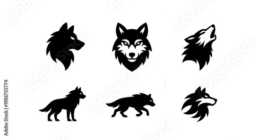 Black wolf head silhouettes and howling wolf icons, set of 6 wild animal vector elements, minimalist predator mascot logos for sports branding