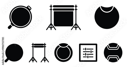 Versatile collection of photography and video studio equipment icons including backdrop stands, reflectors, lens accessories, and control panels for diverse digital and print media