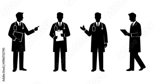 Medical doctor silhouettes set, professional healthcare physician vector icons, male surgeon figures with stethoscope and clipboard, hospital staff characters