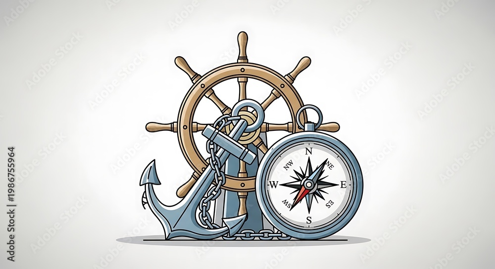 Fototapeta premium Nautical elements with ship wheel and compass