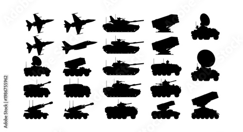 Military vehicle silhouettes set, 20 black army icons including tanks and fighter jets, armored combat vehicles and missile launchers vector collection