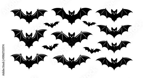 Halloween bat silhouettes collection, set of 13 black flying bats icons, spooky animal vector elements for gothic holiday decor and party invitations