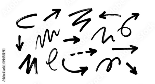 Hand drawn black marker arrows and scribble set, 14 ink brush stroke elements, decorative pointer icons for business presentations and creative design