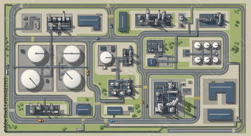 Aerial View of Industrial Plant Layout with Storage Tanks.