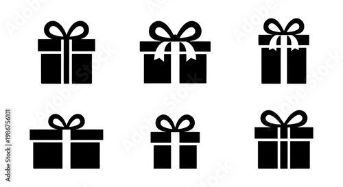 Minimalist gift box icon set, black present symbols with ribbons, collection of 6 vector gift silhouettes for holiday and celebration branding