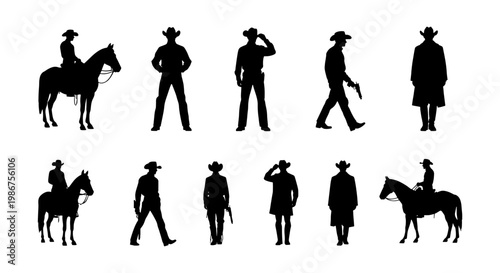 Wild West cowboy silhouettes set, 11 western outlaw and horse rider vector elements, black rancher and gunslinger figures on white background
