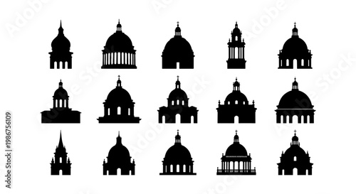 Classical architecture dome silhouettes, set of 15 black building icons, historic cathedral and capitol roof shapes, minimalist vector landmarks