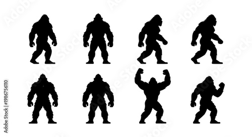 Bigfoot silhouette collection, 8 mythical sasquatch vector icons, black yeti creature shapes, legendary forest monster silhouettes for outdoor branding
