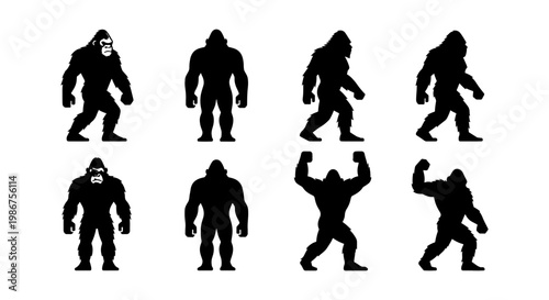 Gorilla silhouette vector set, 8 black ape icons in various poses, muscular silverback primate shapes, wild animal character silhouettes for logo design